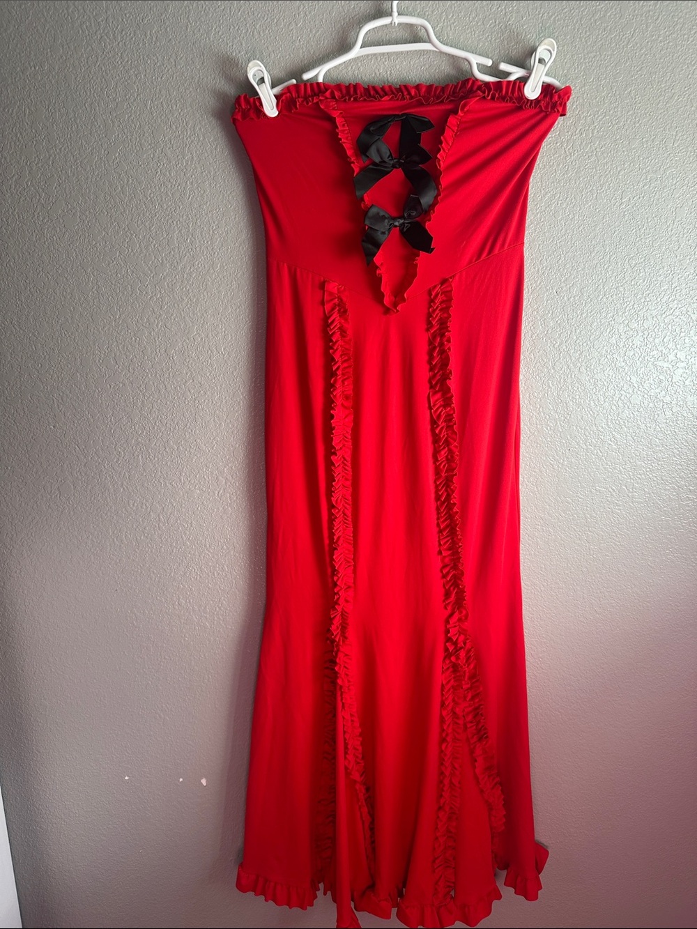 Strapless Red Maxi Dress with Black Ribbon Detail